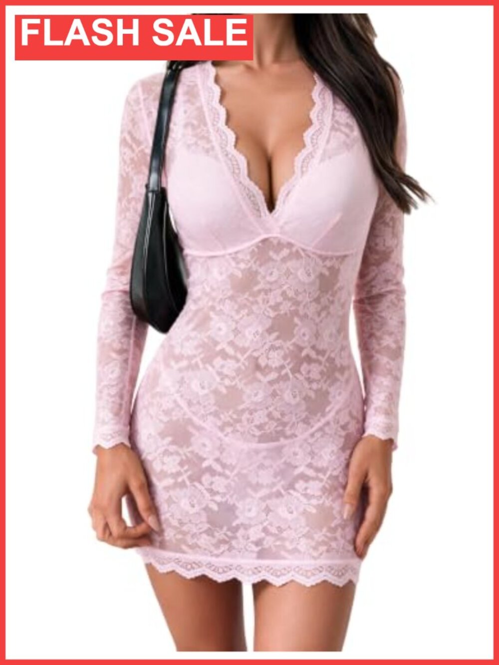 Lace Long Sleeve Babydoll Lingerie Dress with Thong Mesh V-Neck